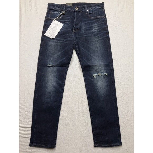 NWT G STAR RAW 3301 Jeans Men 32x30 Dark Wash Distressed Slim Button Fly Stretch - Picture 1 of 16